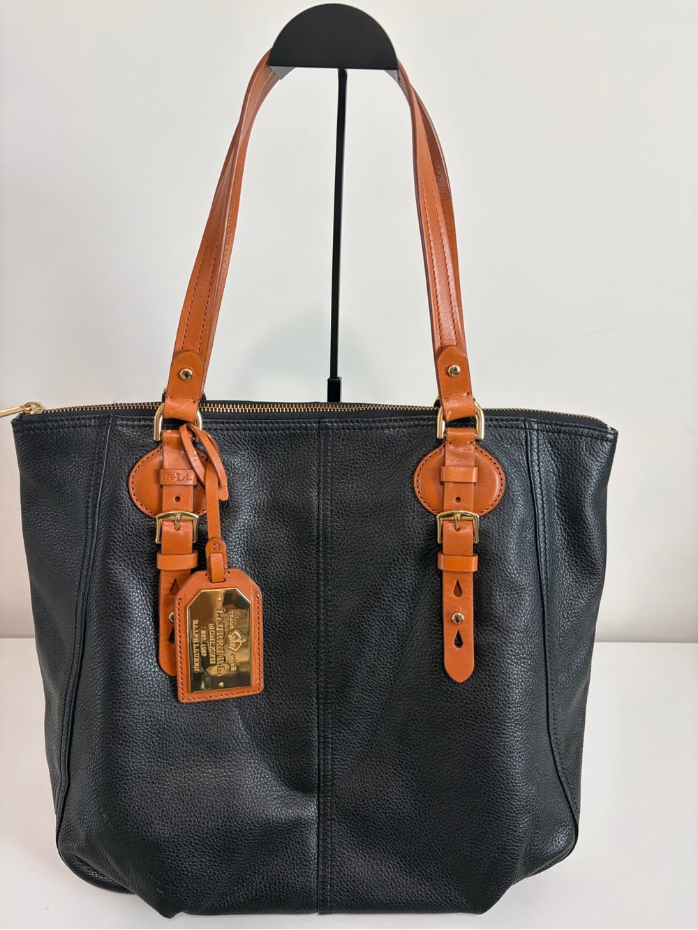 Lauren Ralph Lauren Black Leather Tote with Tan Cognac Straps